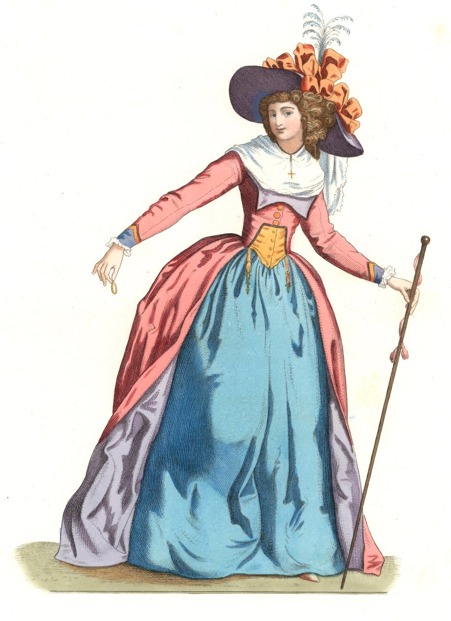 18世纪时尚的法国妇女--根据埃德蒙-莱切瓦利埃-切维纳尔（1825-1902）的插图制作的石版画，出自《16世纪历史服装》。 作者 Edmond Lechevallier-Chevignard