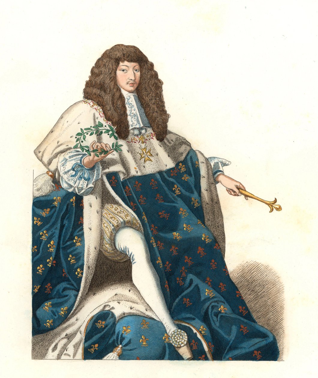 年轻的法国国王路易十四（1638-1715），根据布卢瓦博物馆（法国）的一幅画作绘制 - 石版印刷，根据埃德蒙-莱切瓦利埃-切维纳尔（1825-1902）的插图绘制，出自《十六世纪历史服装》。 作者 Edmond Lechevallier-Chevignard