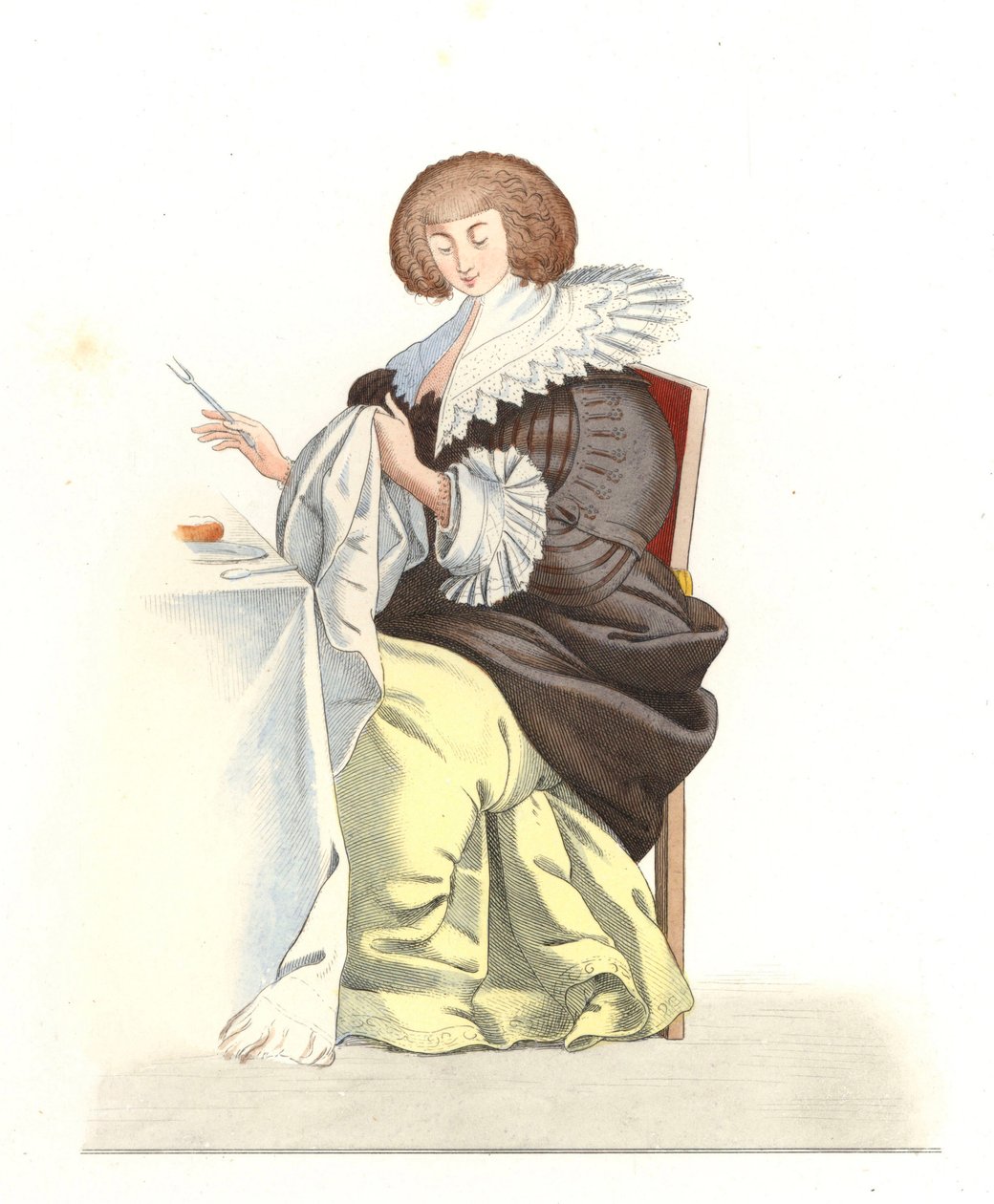 16世纪的法国贵族妇女，根据Abraham Bosse（1602-1676）的雕刻作品 - 石版印刷，根据Edmond Lechevallier-Chevignard（1825-1902）的插图，出自 "Costumes historiques des 16th"。 作者 Edmond Lechevallier-Chevignard
