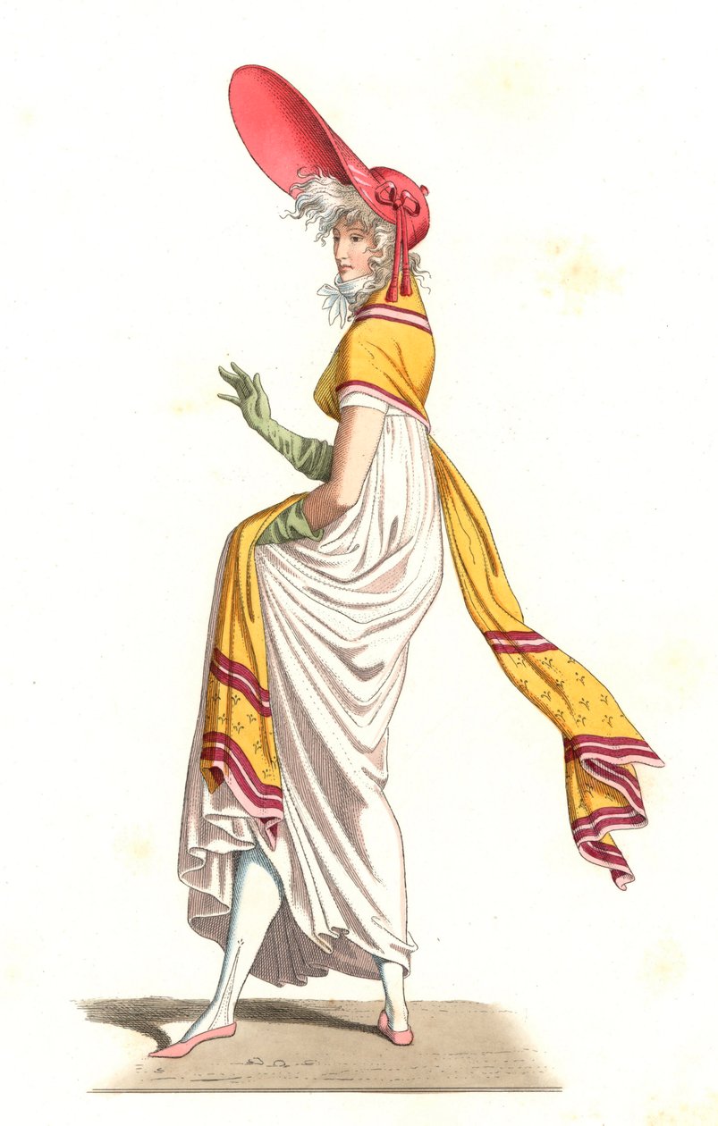 年轻的法国妇女身着18世纪精彩的时尚，根据Carle Vernet (1758-1836)的画作--根据Edmond Lechevallier-Chevignard (1825-1902)的插图平版印刷，出自 "Costumes historiques des 16th"。 作者 Edmond Lechevallier-Chevignard