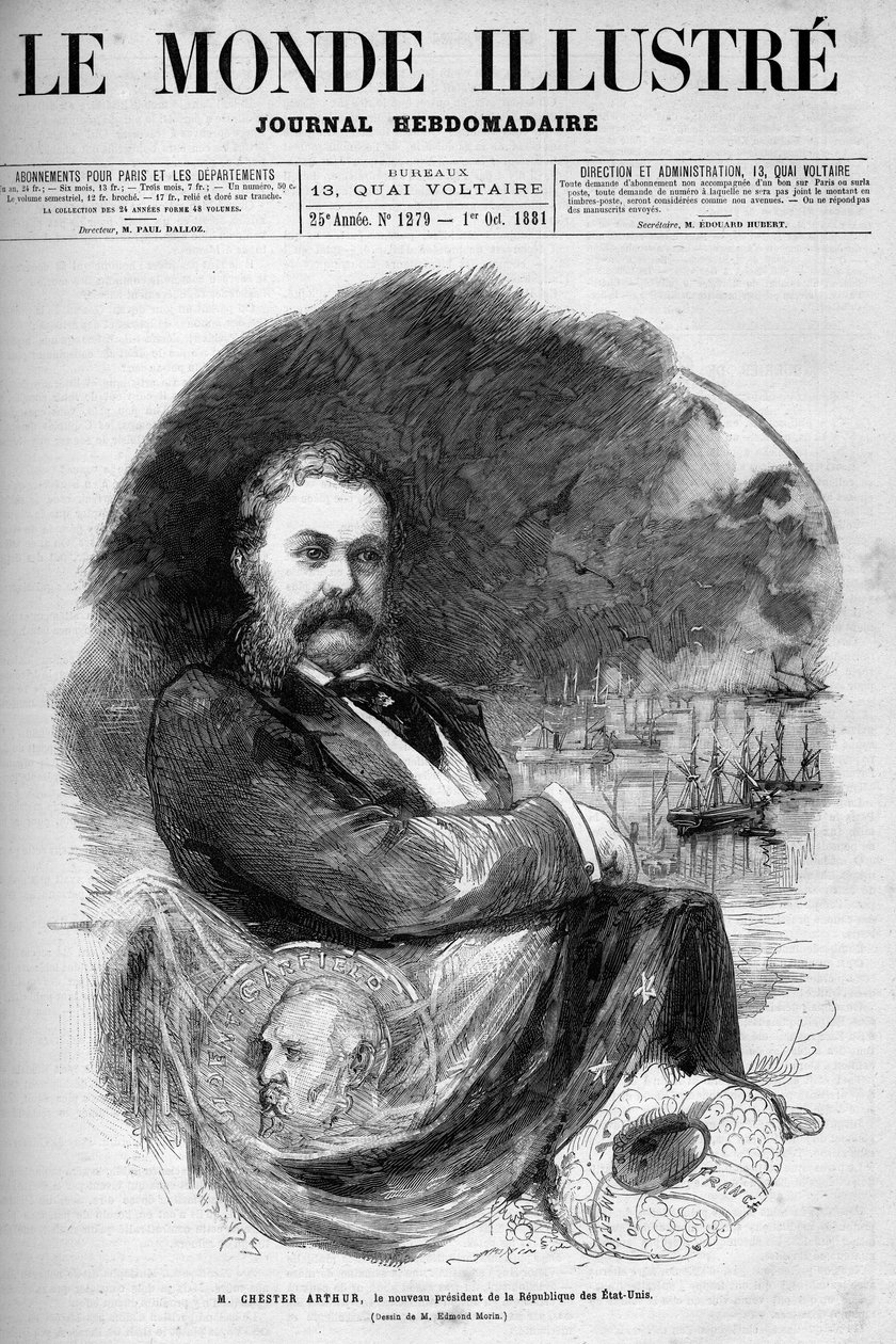 美国总统切斯特-阿兰-阿瑟（1830-1886）的肖像。埃德蒙-莫兰的版画。10月1日第1279期《图解世界》之一。 作者 埃德蒙·莫林