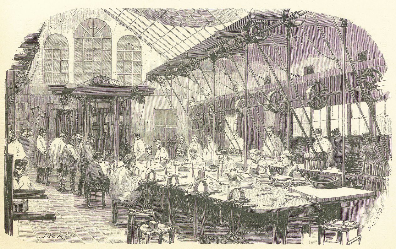 巴黎克里斯托弗餐具厂的银匠们在工作，出版。1875年（雕版画 作者 埃德蒙·莫林