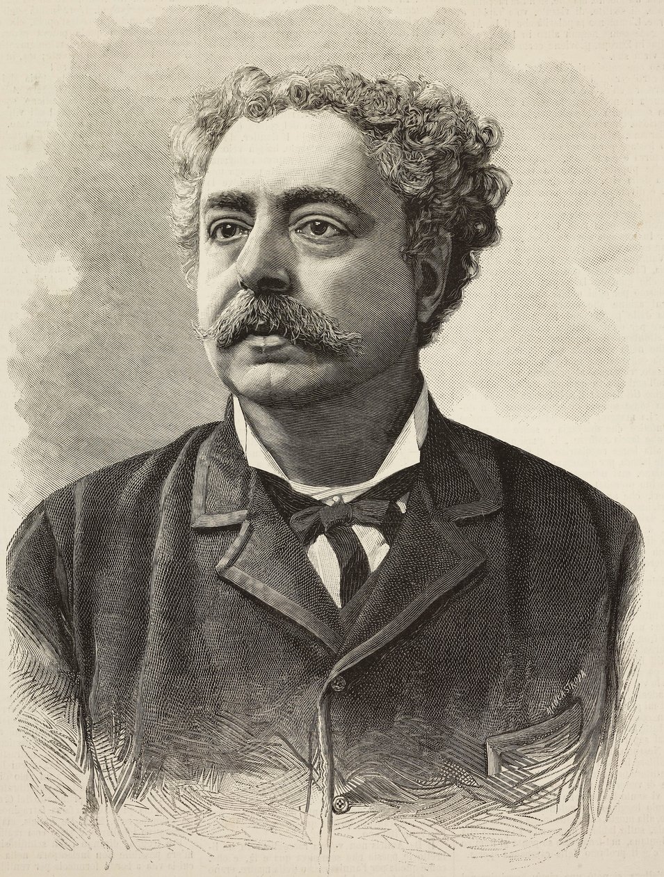 意大利作家埃德蒙多·德·阿米西斯 (Edmondo De Amicis，1846-1908 年) 的肖像，由 E Mancastroppa 根据 Schemboche 的照片雕刻而成，来自《意大利插画》第 16 年，第 12 期，3 月 24 日 作者 埃德蒙多·德·阿米西斯