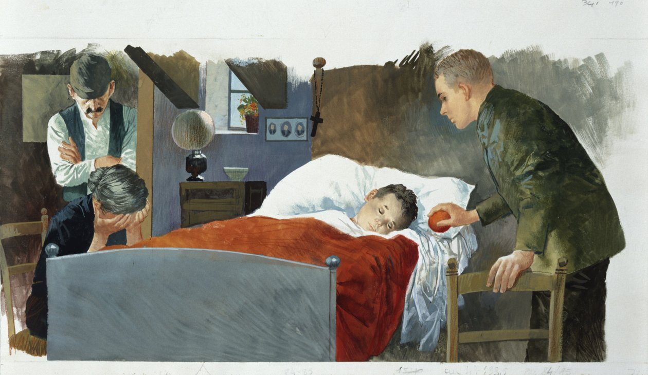 奄奄一息的小泥瓦匠，选自埃德蒙多-德-阿米契斯（1846-1908）的《心》，素描 作者 埃德蒙多·德·阿米西斯