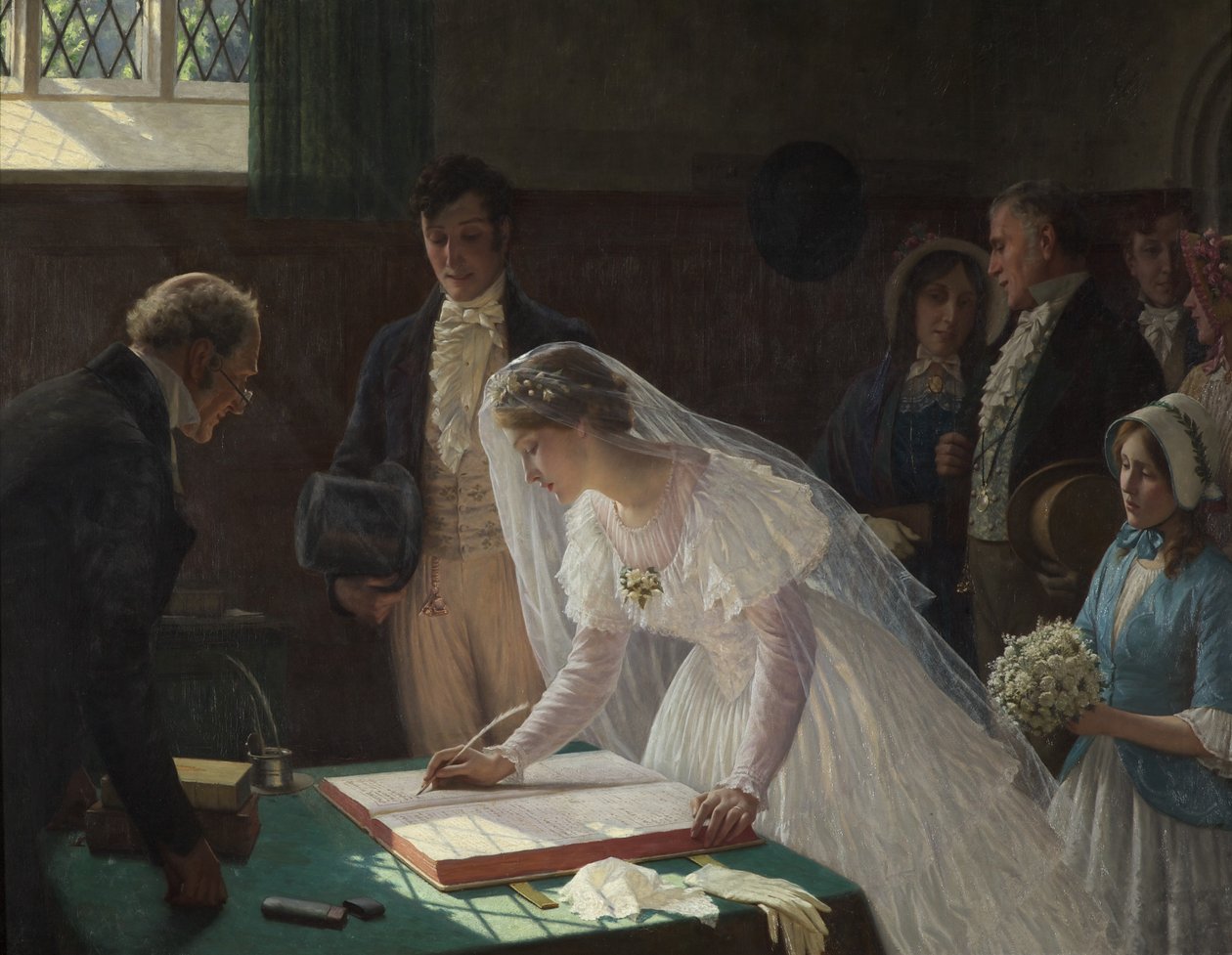 Signing the Register (oil on canvas) 作者 埃德蒙·布莱尔·莱顿