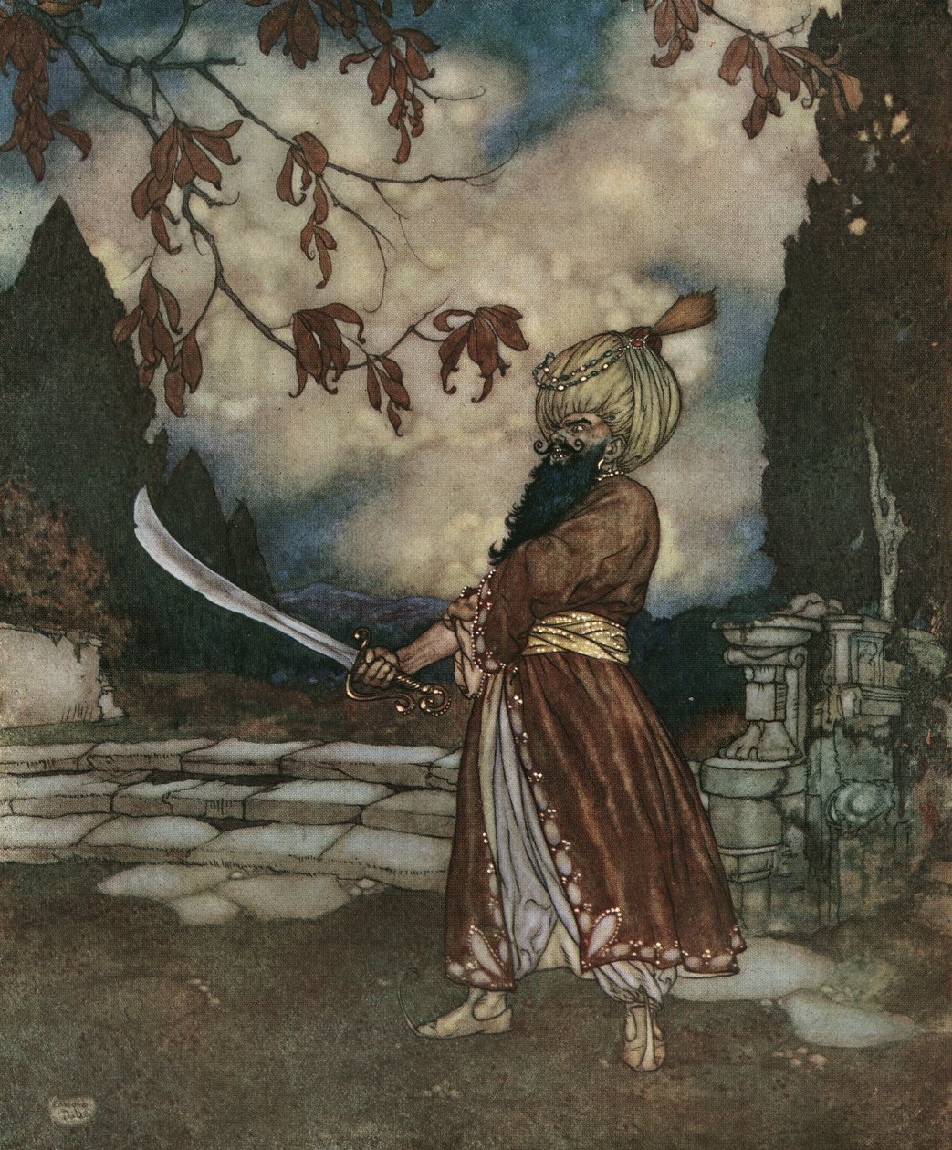 蓝胡子可怕的蓝胡须：胡须黑得像蓝色，约 1910 年（石版画） 作者 埃德蒙·杜拉克（Edmund Dulac）