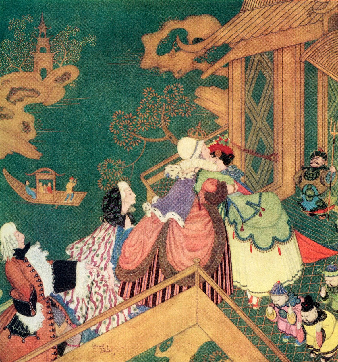 "Laideronnette 亲吻并拥抱了善良的仙女保护人"，法国童话《绿蛇》中的插图，选自埃德蒙-杜拉克的《童话书》：盟国童话》，1916 年出版 作者 埃德蒙·杜拉克（Edmund Dulac）
