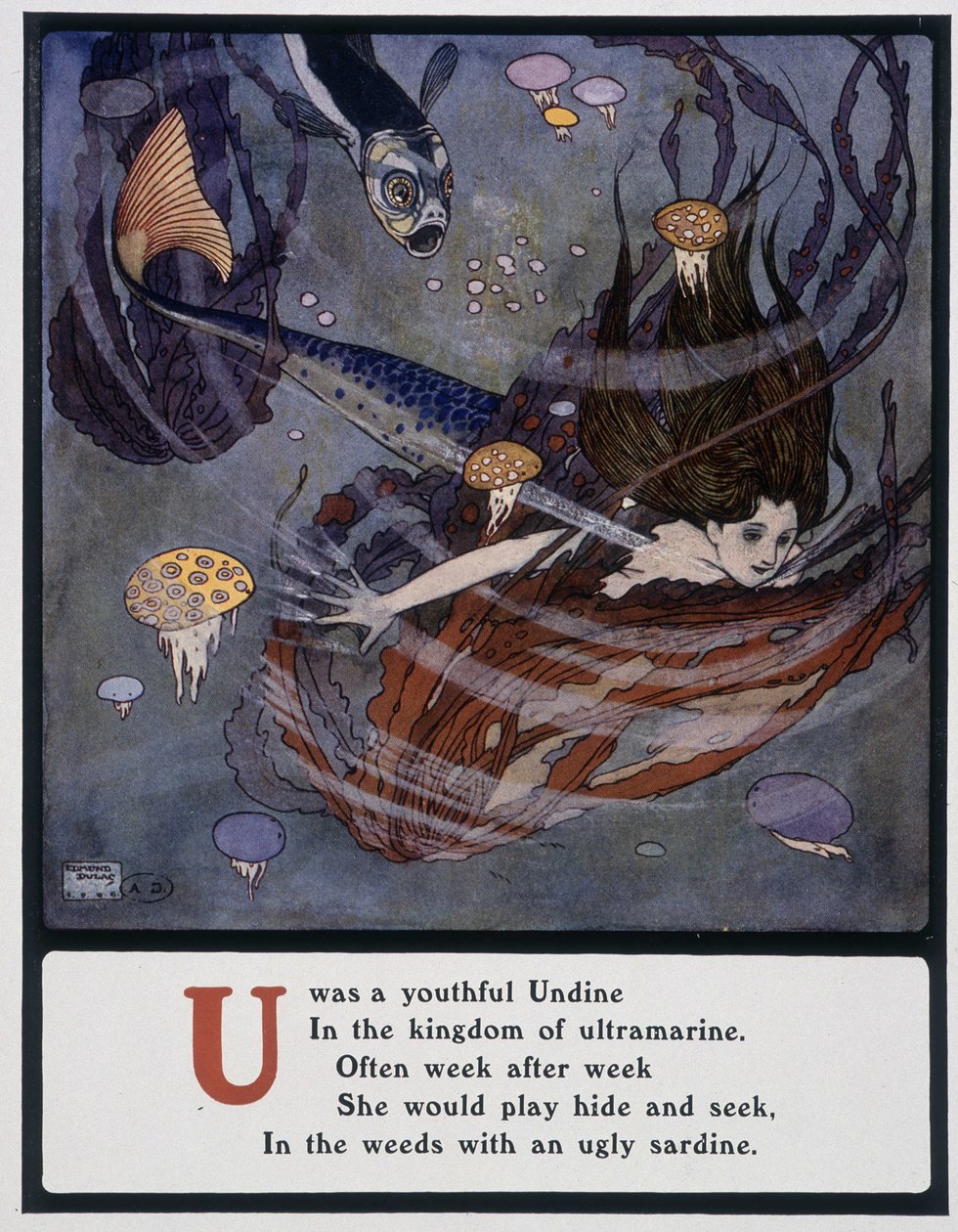 字母 U（Undine），海底美人鱼，约 1908 年（图画） 作者 埃德蒙·杜拉克（Edmund Dulac）