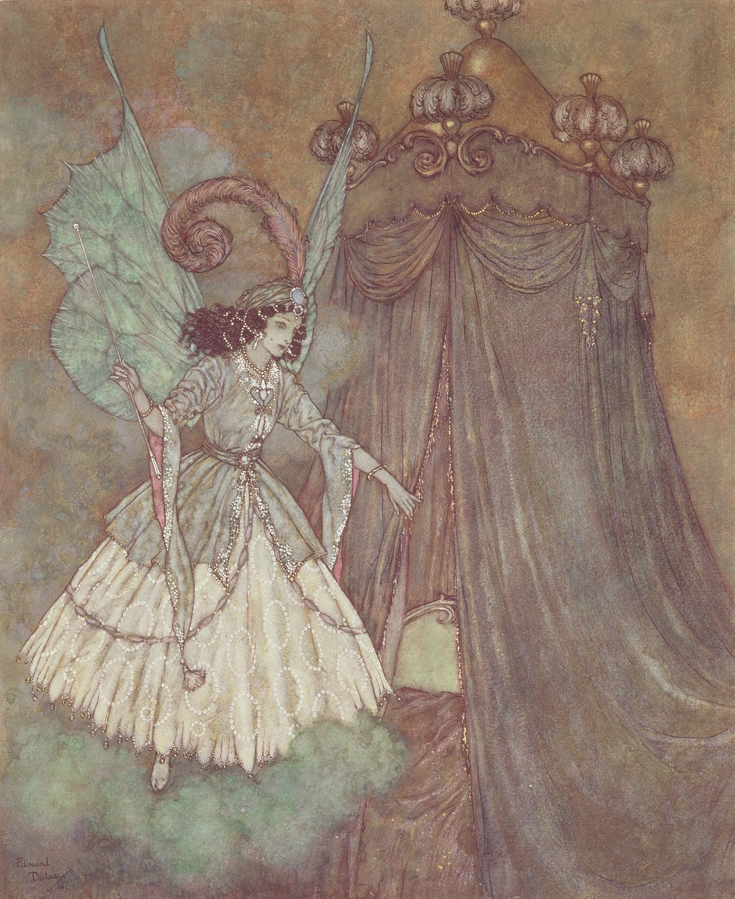 "她发现自己面对的是一位端庄美丽的女士"，《美女与野兽》插图 作者 埃德蒙·杜拉克（Edmund Dulac）