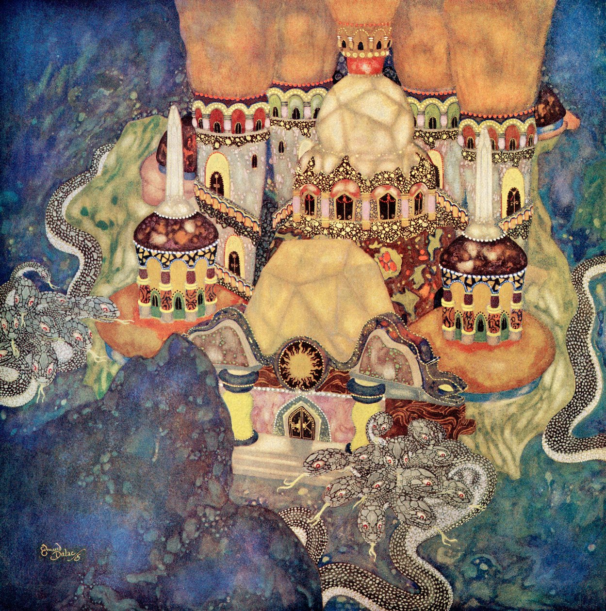"龙王的宫殿"，塞尔维亚童话《巴什切利克的故事》插图，选自埃德蒙-杜拉克的《童话书》：盟国童话》，1916 年出版（纸面水彩画） 作者 埃德蒙·杜拉克（Edmund Dulac）