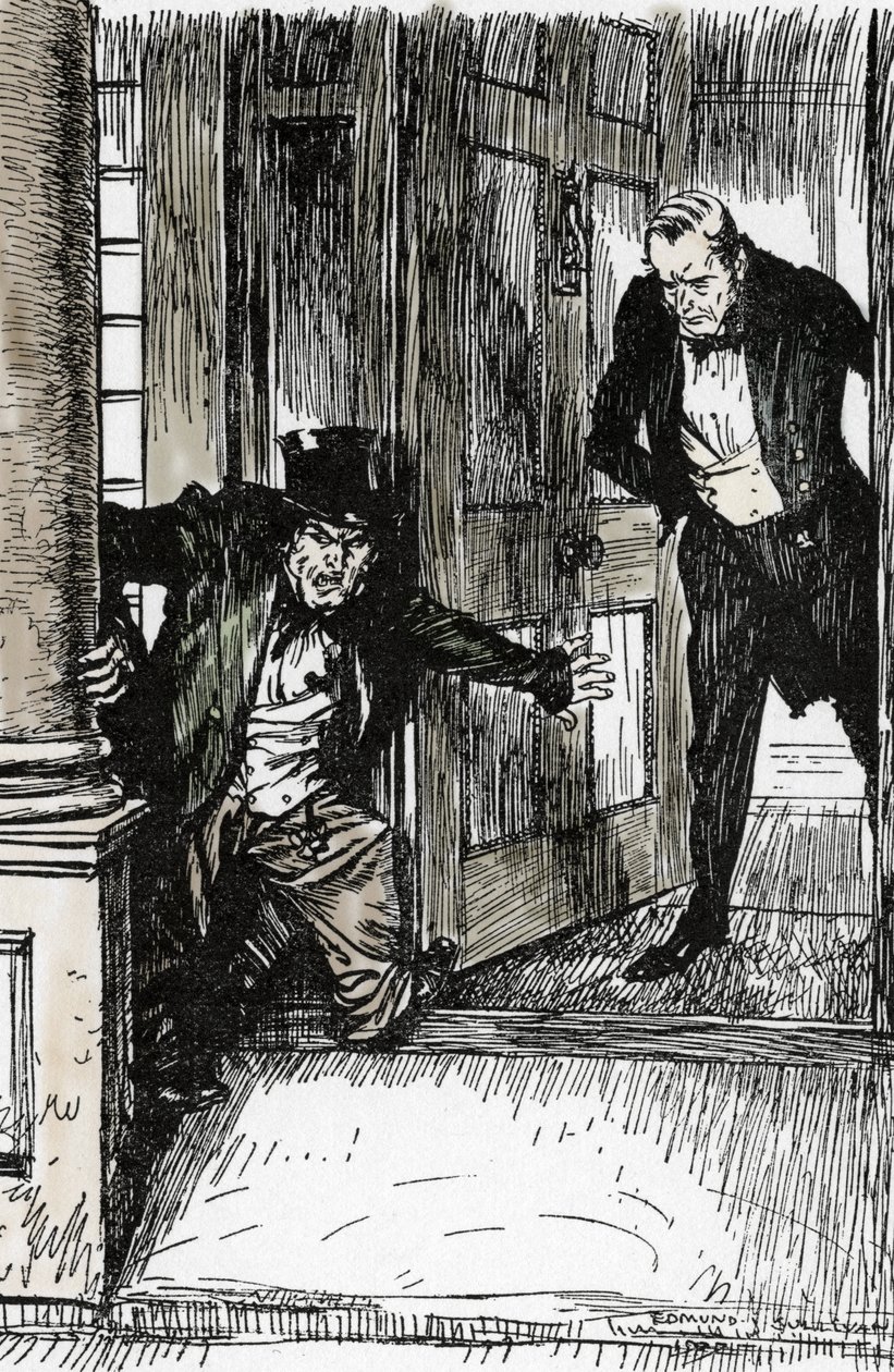 Dr Lanyon opens his door and discovers Mr Hyde vetus of clothes far too big, Illustration by Edmund Joseph Sullivan (1869-1933) for the novel L