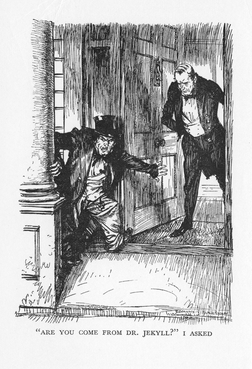 罗伯特·路易斯·史蒂文森（Robert Louis Stevenson）的《杰基尔博士和海德先生的奇怪案》中的场景，1927年 作者 埃德蒙·约瑟夫·沙利文
