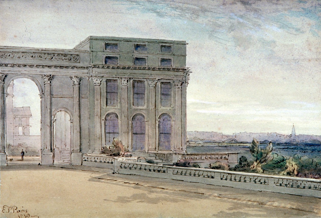 伦敦摄政公园切斯特台景观，1830年。                                  作者 埃德蒙·托马斯·帕里斯（Edmund Thomas Parris）