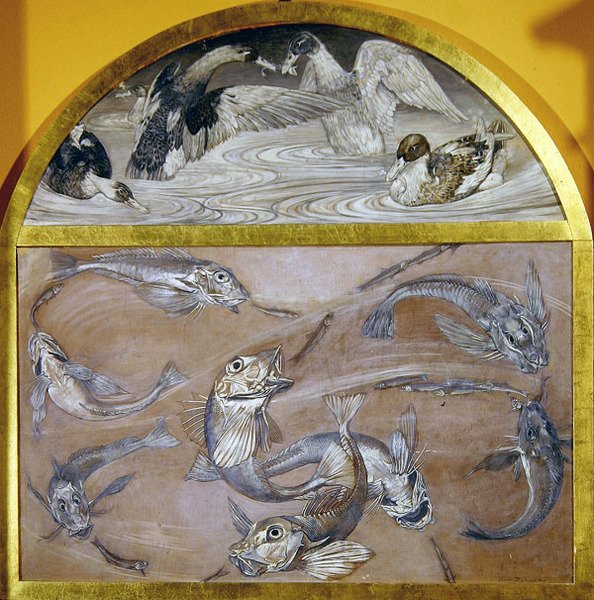 Diptych：池塘里的鱼和鸭子（卡片上的蛋彩画） 作者 爱德华多·乔亚（Edoardo Gioja）