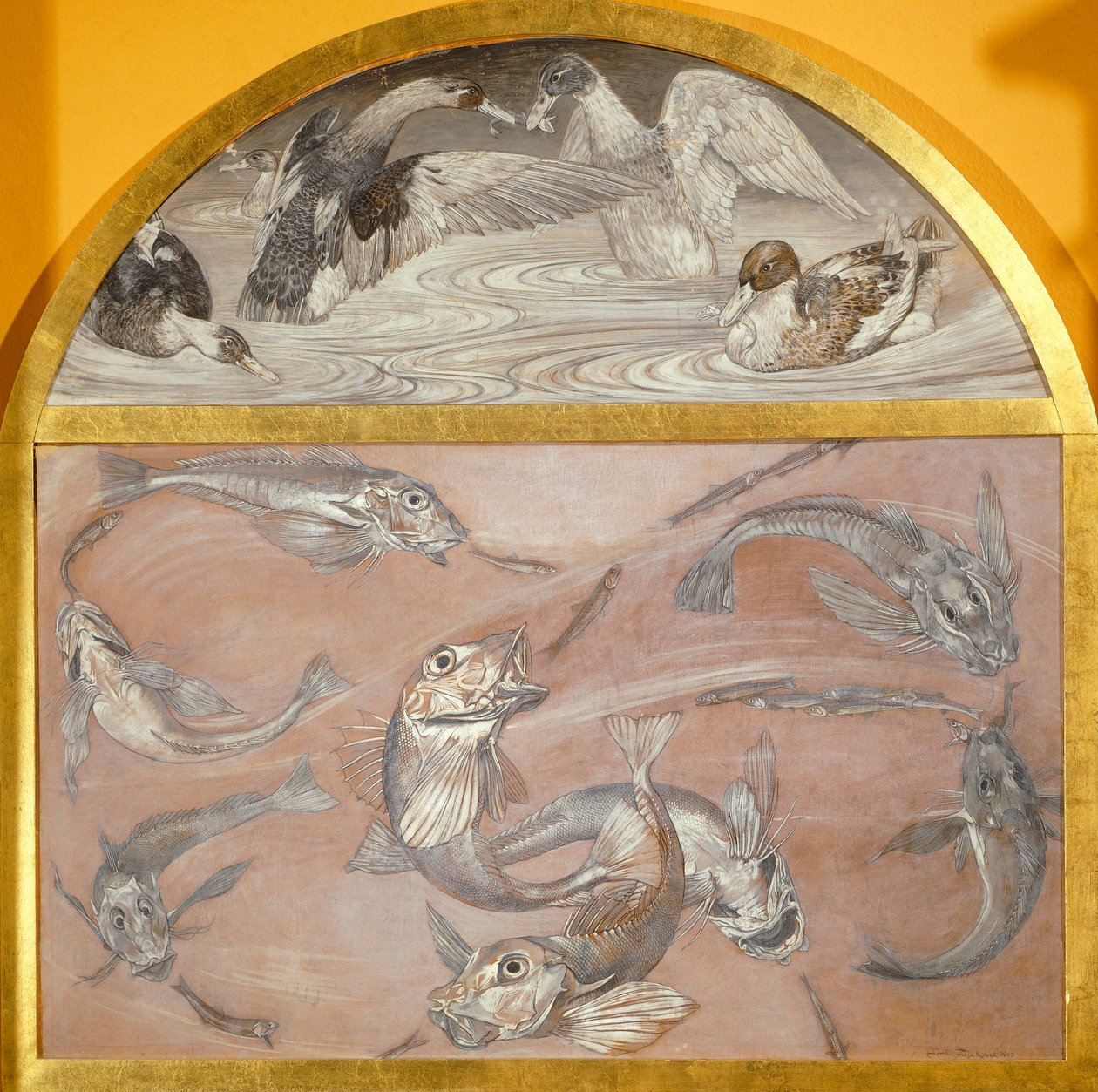 池塘里的鱼和鸭子的双联画（卡片上的钢笔画，）。 作者 爱德华多·乔亚（Edoardo Gioja）