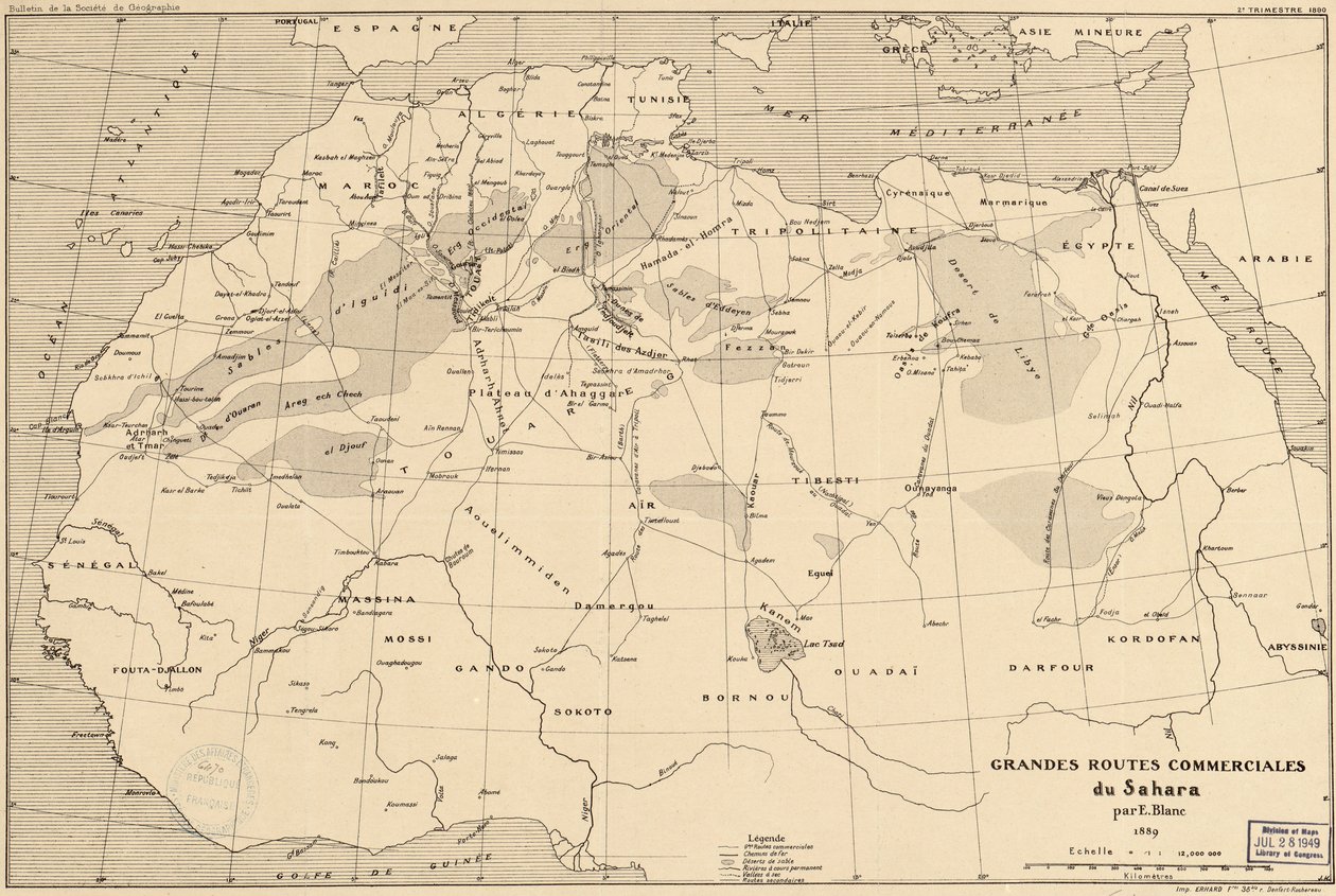 1889年由法国探险家Edouard Blanc绘制的跨撒哈拉贸易路线图 作者 爱德华·布兰克