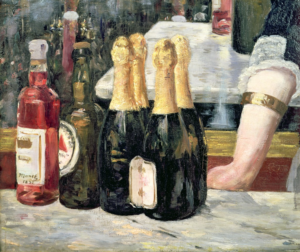 Folies-Bergere的一个酒吧，左侧的瓶子细节，1881-82 作者 爱德华·马奈