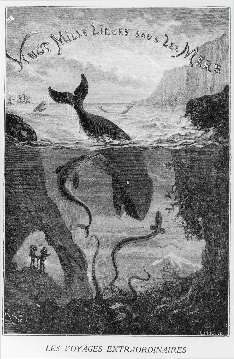 由朱尔·凡尔纳（1828-1905）的“20,000海底联盟”封面插图由Henri Theophile Hildibrand雕刻（1824-97） 作者 爱德华·里奥（Edouard Riou）