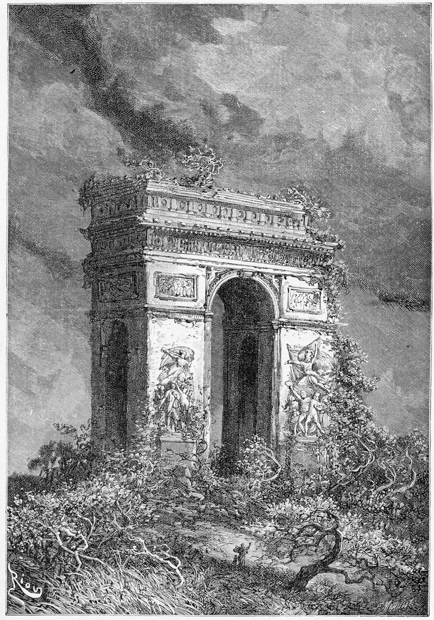 L&39;Arc de Triomphe作为废墟，19世纪（bw雕刻） 作者 爱德华·里奥（Edouard Riou）