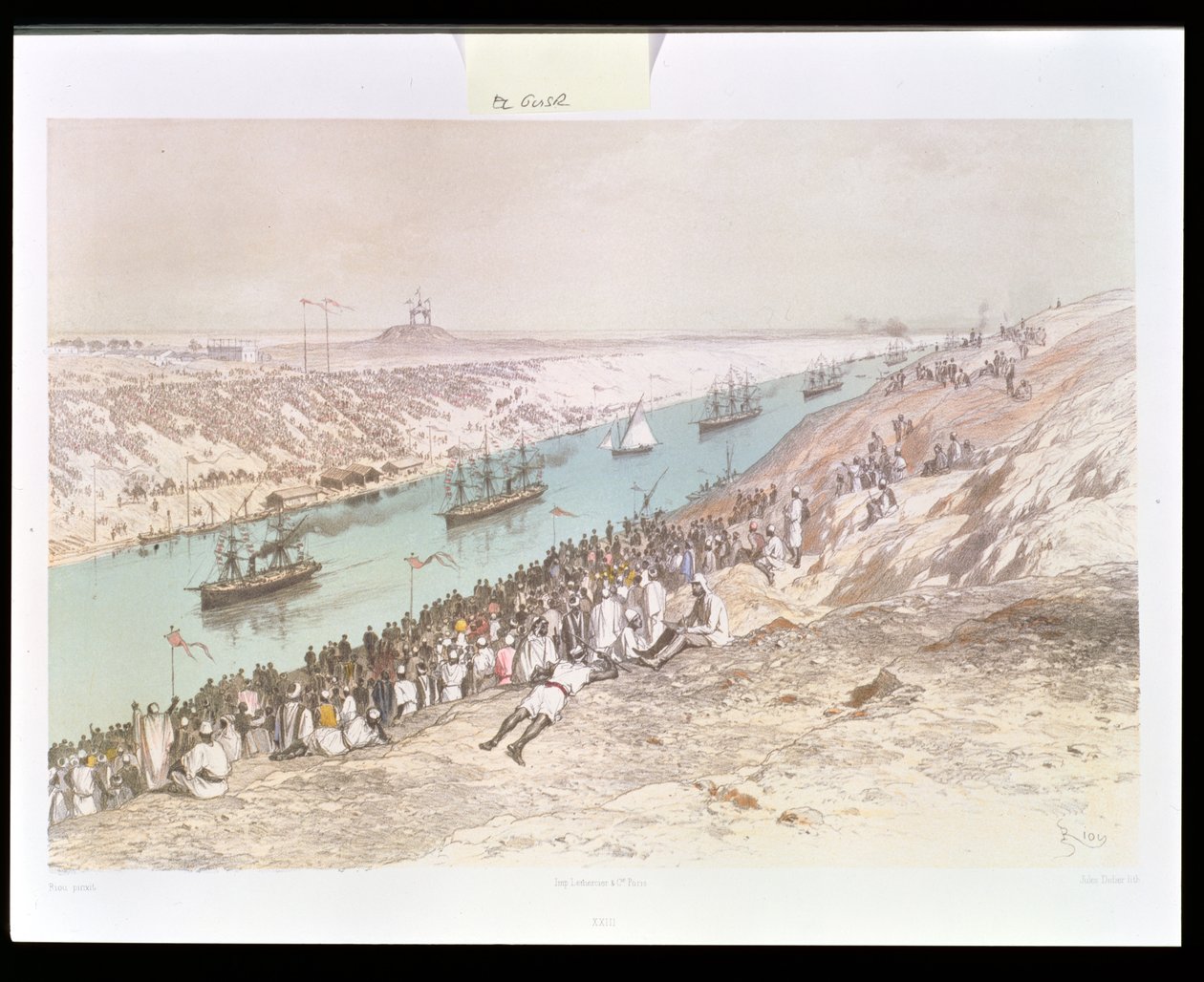1865年，苏伊士运河在El-Guisr举行的就职游行，来自苏伊士地峡的“古雅之旅”，由Marius Fontane创作，由Jules Didier（1831-c.80）1869-70雕刻 作者 爱德华·里奥（Edouard Riou）