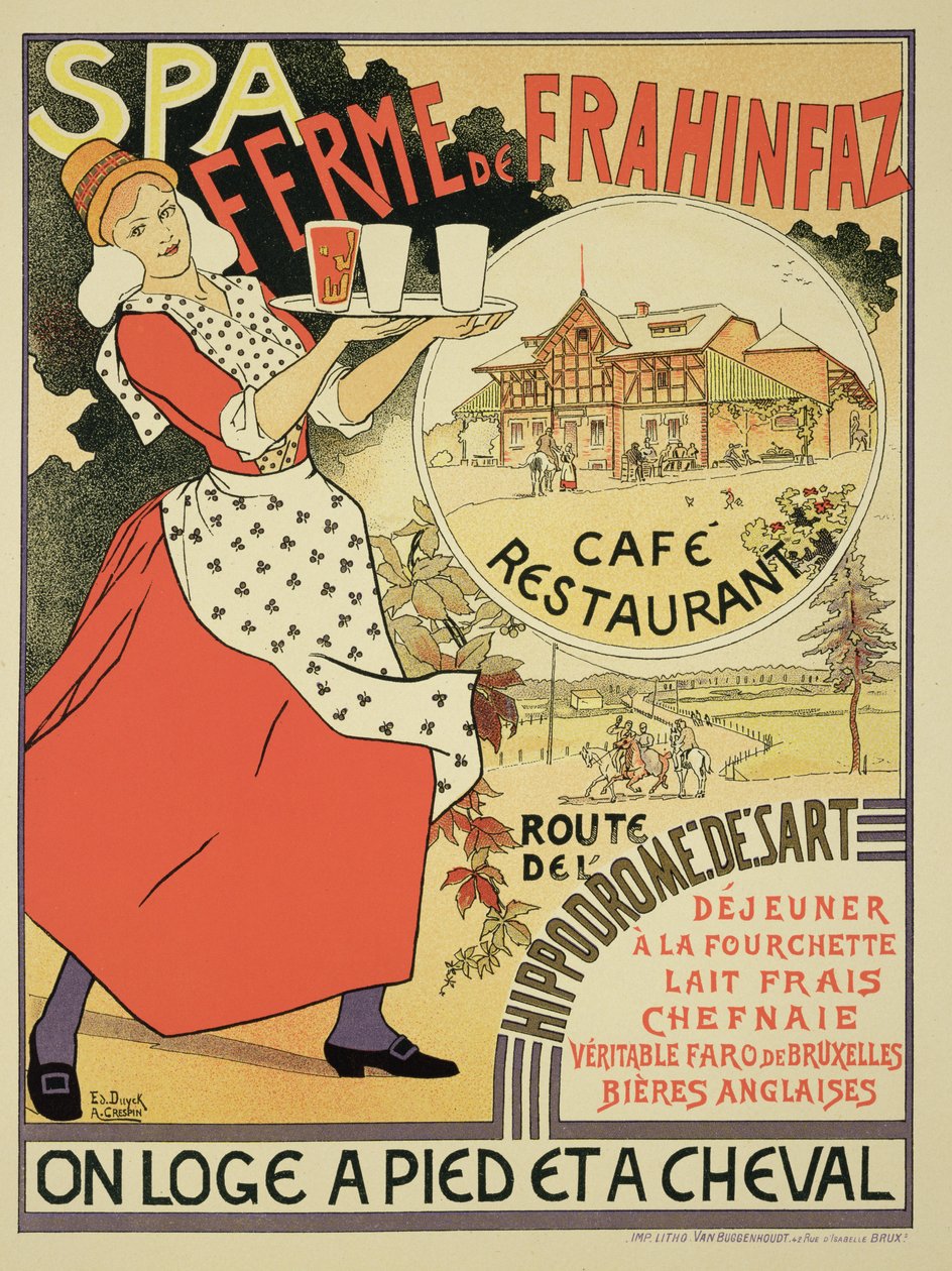 海报在1896年比利时Spa附近的Ferme de Frahinfaz，一家咖啡馆和餐厅做广告 作者 阿道夫·路易斯·查尔斯·克里斯平