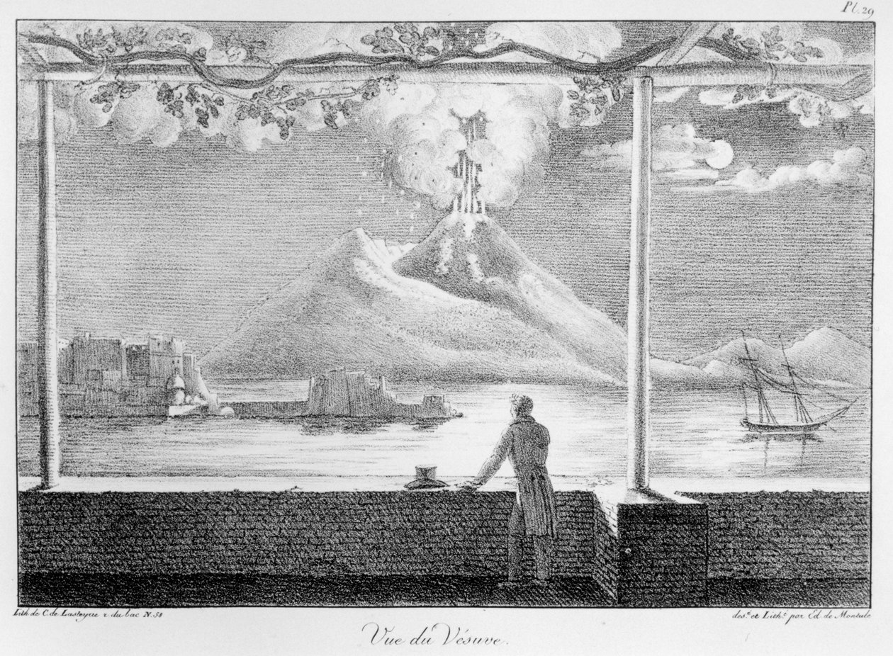 维苏威火山的景色，来自1816年至1821年期间在意大利西西里岛和埃及的地图和美国之旅的视图 作者 爱德华·蒙特勒