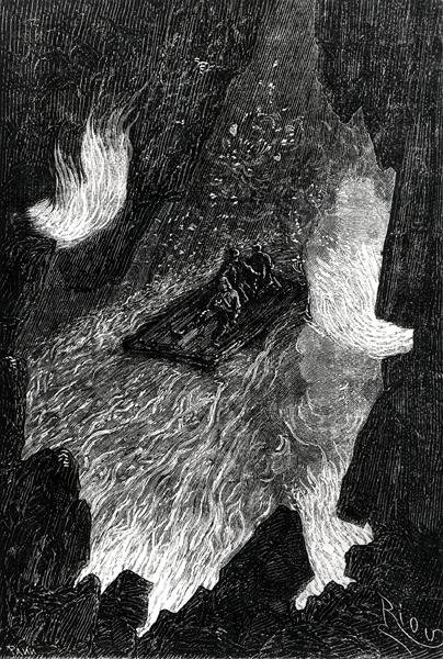 筏子在熔岩的波浪上起伏，插图来自儒勒-凡尔纳（1828-1905）的《地球中心之旅》，由Pannemaker雕刻，由J.Hetzel（engravind）出版（b/w照片）。 作者 爱德华（之后）Riou