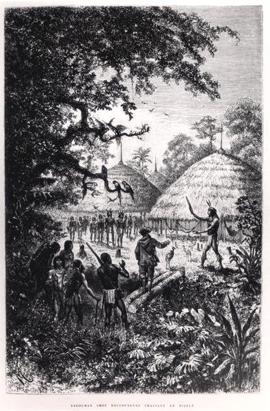 Yagouman酋长Rougouyenne猎杀魔鬼，插图来自《南方美洲的旅行》，作者J. Crevaux，1883年出版（雕刻）（黑白照片）。 作者 爱德华（之后）Riou