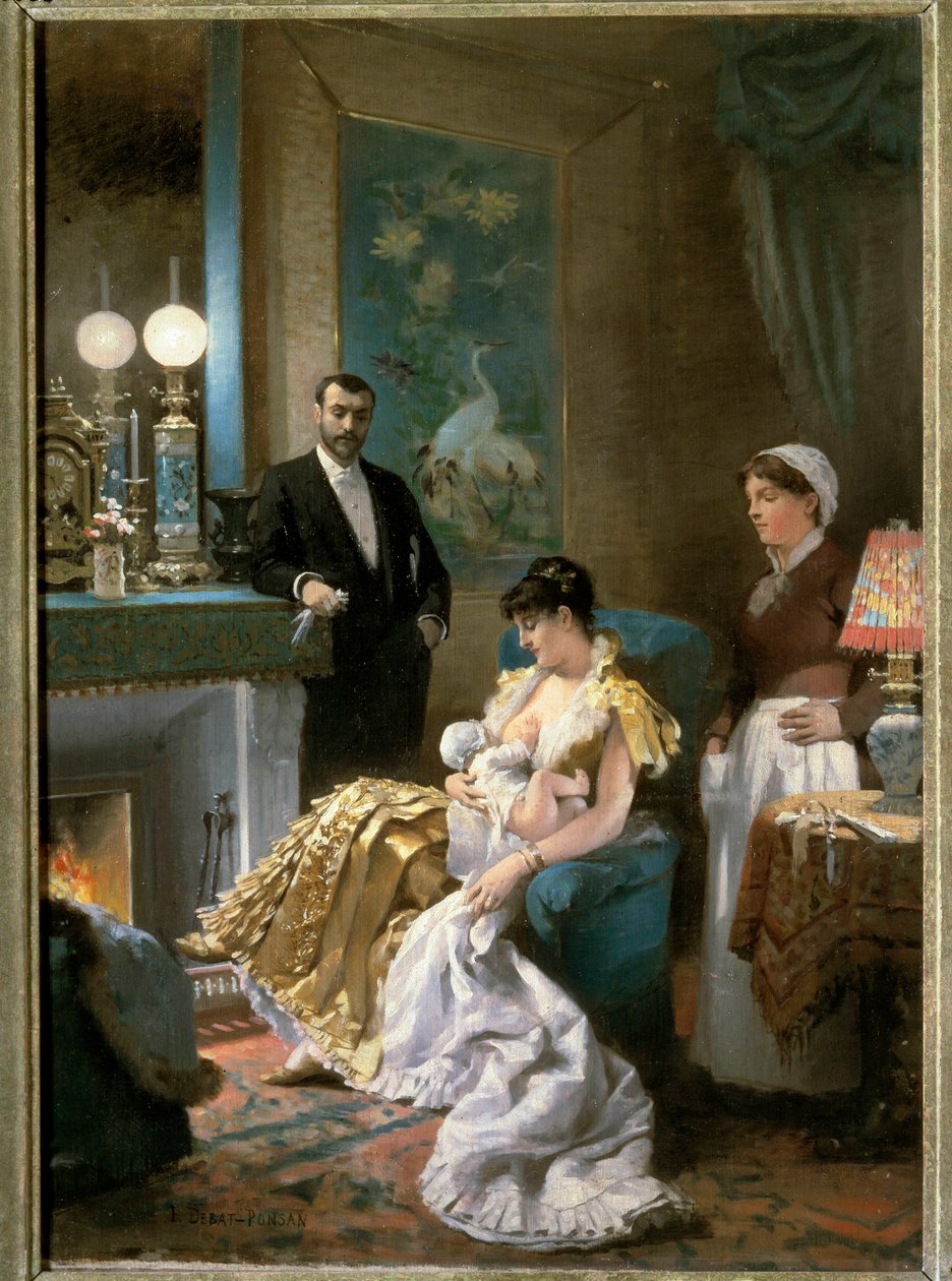 Before the prom A mother in evening dress feeds her baby into the breast before going out with her husband and leaving the baby to the maid. Painting by Edouard Debat Ponsan (1847-1913). 1886. Fine Arts Museum Tours 作者 爱德华·德巴特·庞桑