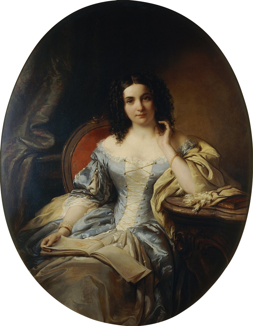 一位身穿蓝色和白色连衣裙的就座女士的画像； 1853年，一位身着蓝色和白色连衣裙的坐着女士的画像 作者 爱德华·恩德