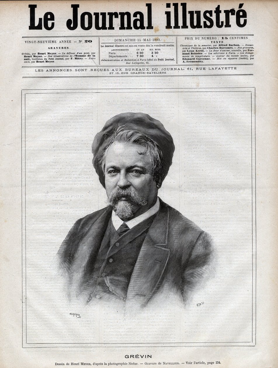 阿尔弗雷德-格雷文（1827-1892）雕塑家、漫画家、漫画家和法国戏剧服装设计师--纳维利埃根据纳达尔在1892年《插图杂志》上的照片所做的雕刻 作者 爱德华·费利西安·尤金·纳维尔利尔