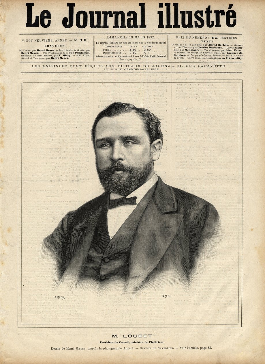 1892年的埃米尔-卢贝（1836-1929）（议会主席--内政部长） 纳维利埃在1892年的 "图解杂志 "上所作的雕刻。 作者 爱德华·费利西安·尤金·纳维尔利尔