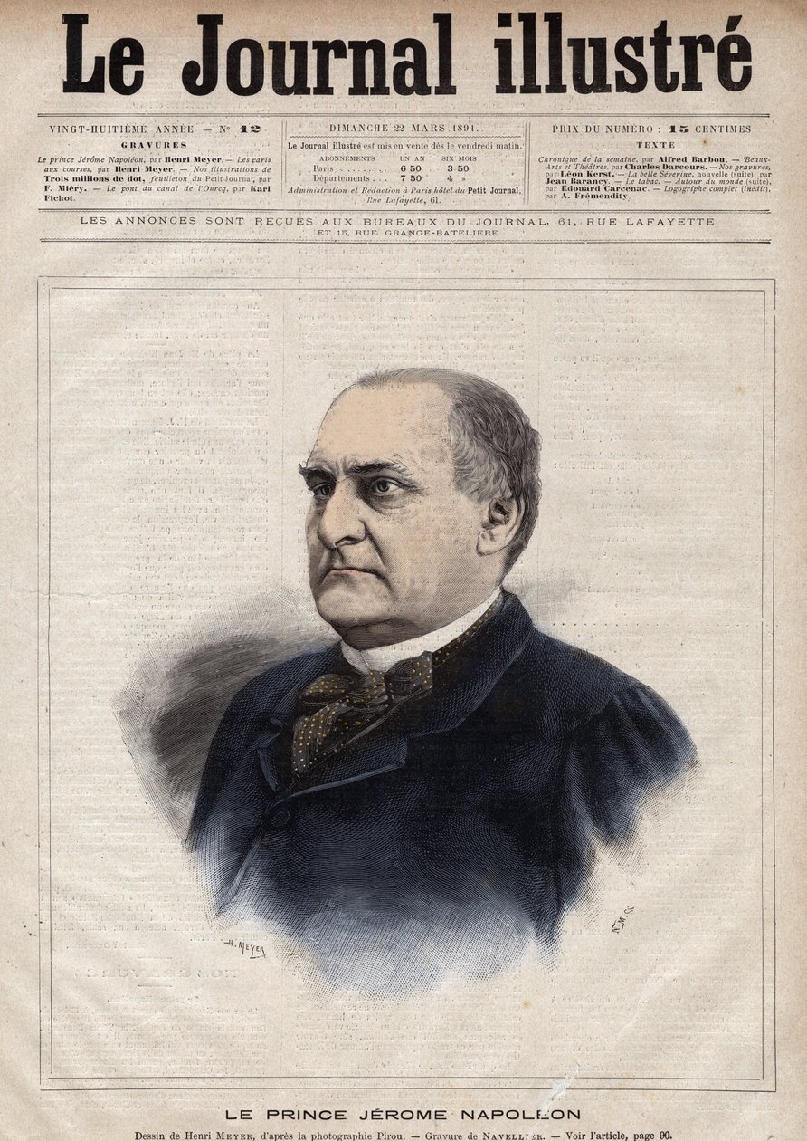 杰罗姆-波拿巴（Jerome Bonaparte dit Plon）（1822-1891）（拿破仑-杰罗姆-波拿巴或杰罗姆-拿破仑王子），杰罗姆-波拿巴（1784-1860）的儿子--1891年《图解杂志》中纳维利耶的雕刻作品 作者 爱德华·费利西安·尤金·纳维尔利尔