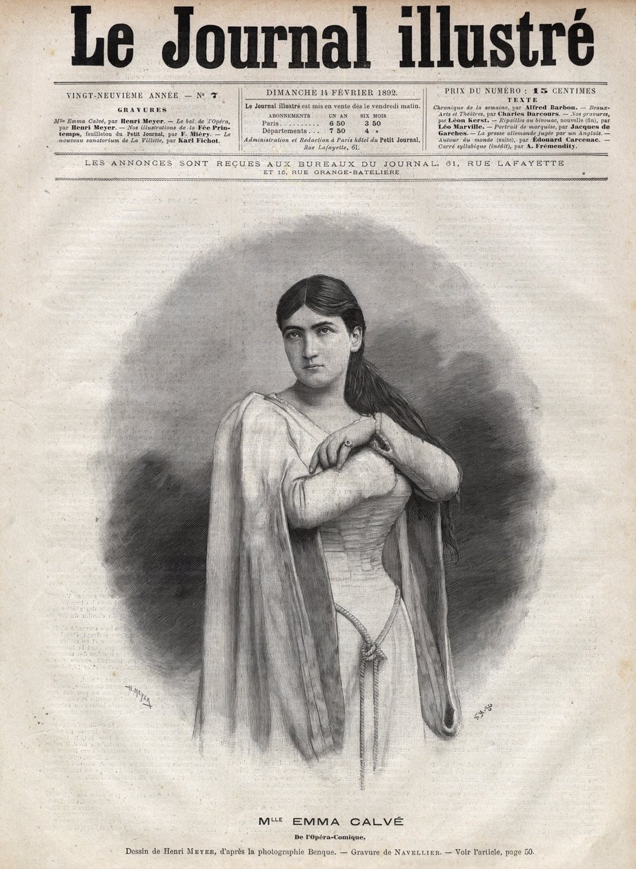法国女高音艾玛-卡尔维(Rosa Noemie Emma Calvet de Roquet, dit)(1858-1942)的肖像--纳维利埃在1892年的《图解杂志》上的雕刻。 作者 爱德华·费利西安·尤金·纳维尔利尔