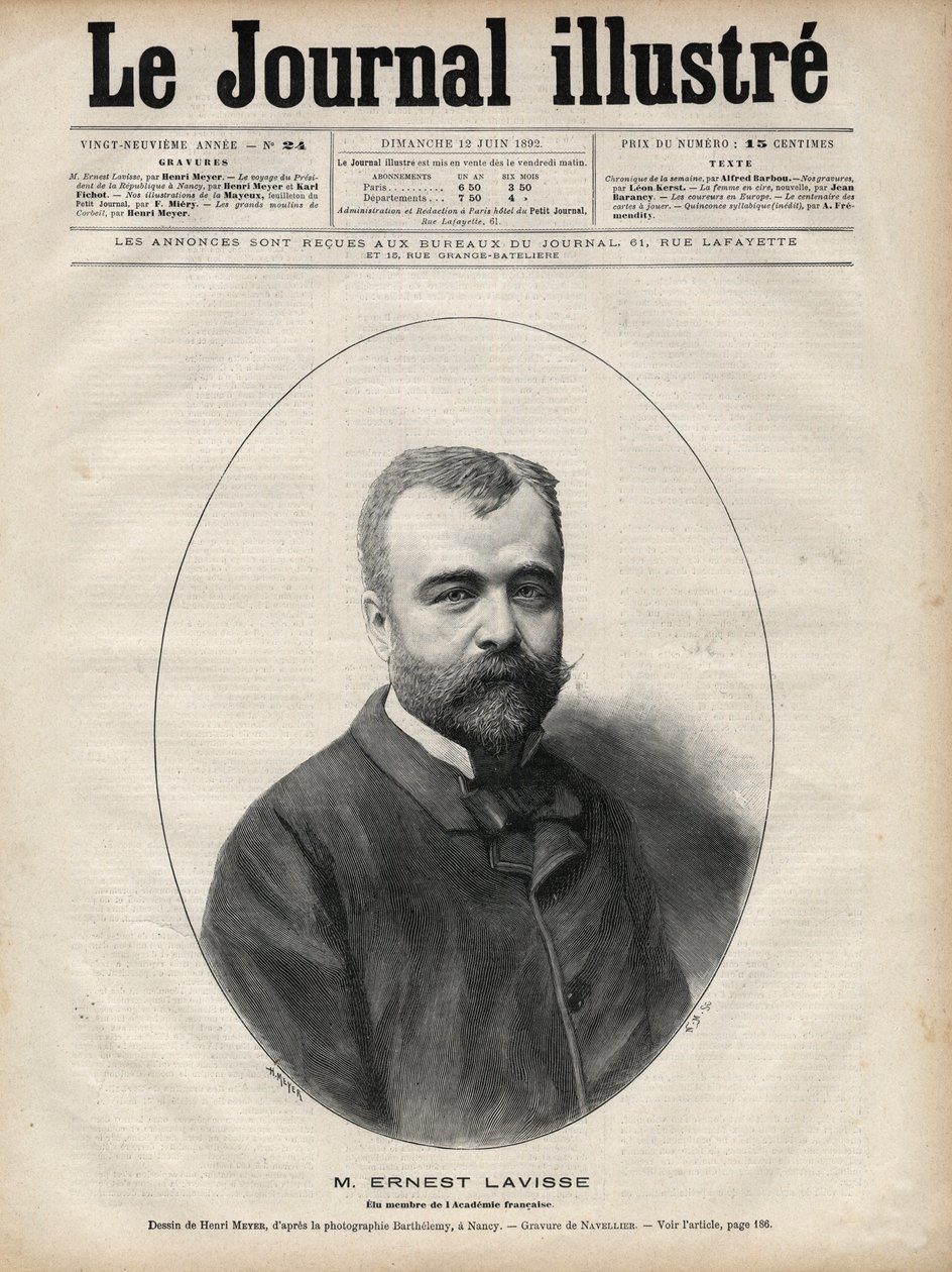 法国历史学家和学者欧内斯特-拉维斯（1842-1922）的肖像--纳维利埃在1892年 "杰出杂志 "上的版画。 作者 爱德华·费利西安·尤金·纳维尔利尔