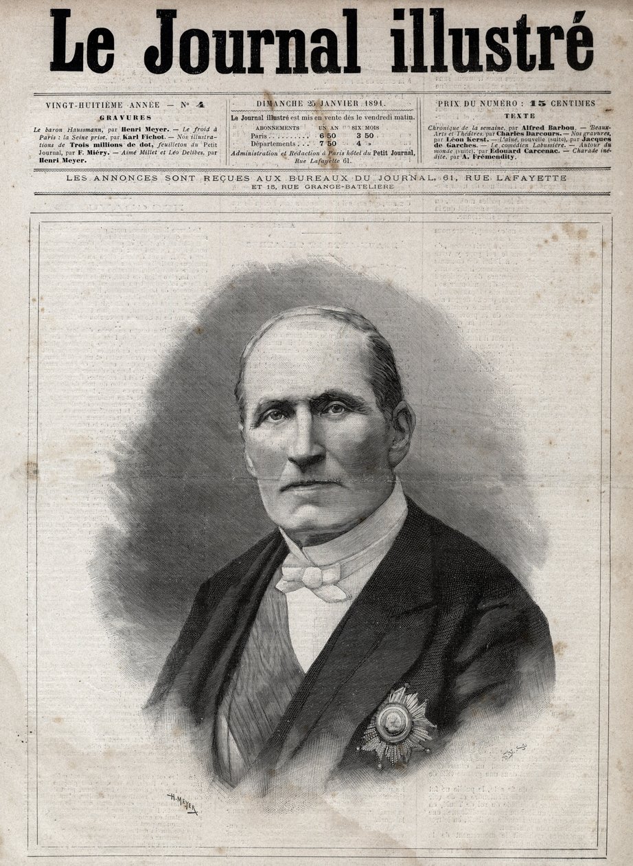 乔治-尤金-奥斯曼（Georges Eugene Haussmann）的肖像，被称为奥斯曼男爵（1809-1891），第二帝国时期塞纳河的预言家--纳维利埃在1891年的《图解日记》中的雕刻。 作者 爱德华·费利西安·尤金·纳维尔利尔