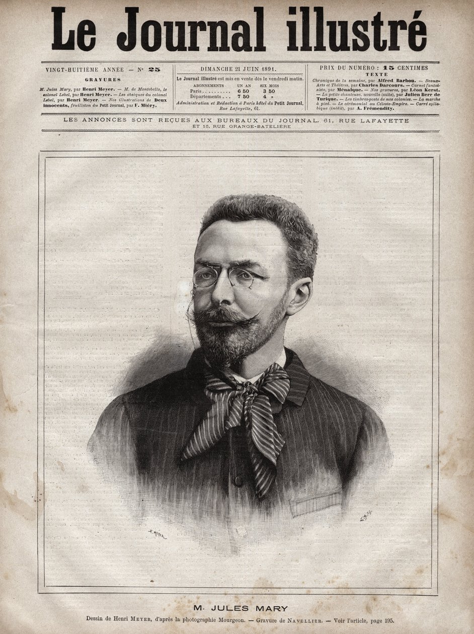 儒勒-玛丽（1851-1922）的肖像，法国作家--纳维利埃在1891年《图解杂志》中的雕刻作品 作者 爱德华·费利西安·尤金·纳维尔利尔