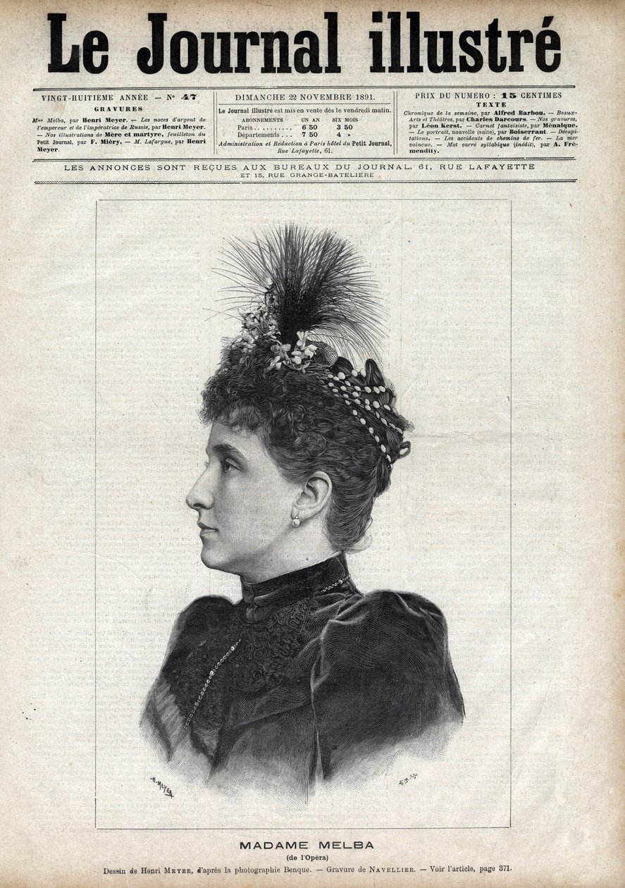 澳大利亚女高音歌唱家内莉-梅尔巴（Helen Porter Mitchell，dit）（1861-1931）的肖像--纳维利埃在1891年的《插图杂志》中的雕刻作品 作者 爱德华·费利西安·尤金·纳维尔利尔