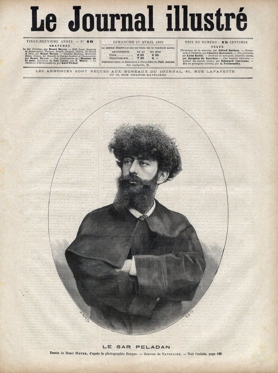 Sar Merodack Josephin Peladan的笔名（1858-1918）法国作家和神秘主义者--Navellier在1892年《图解杂志》中的雕刻。 作者 爱德华·费利西安·尤金·纳维尔利尔