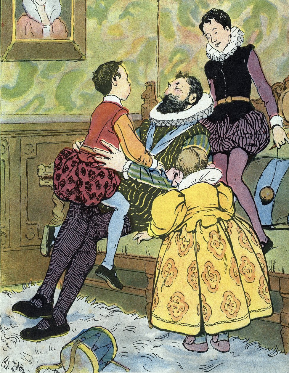 King of France Henri IV playing with his children (1553-1610) Illustration by Edouard Zier in “Nos-Gloriers-Nationales”” 1920 Collection privee 作者 爱德华·弗朗索瓦·齐尔