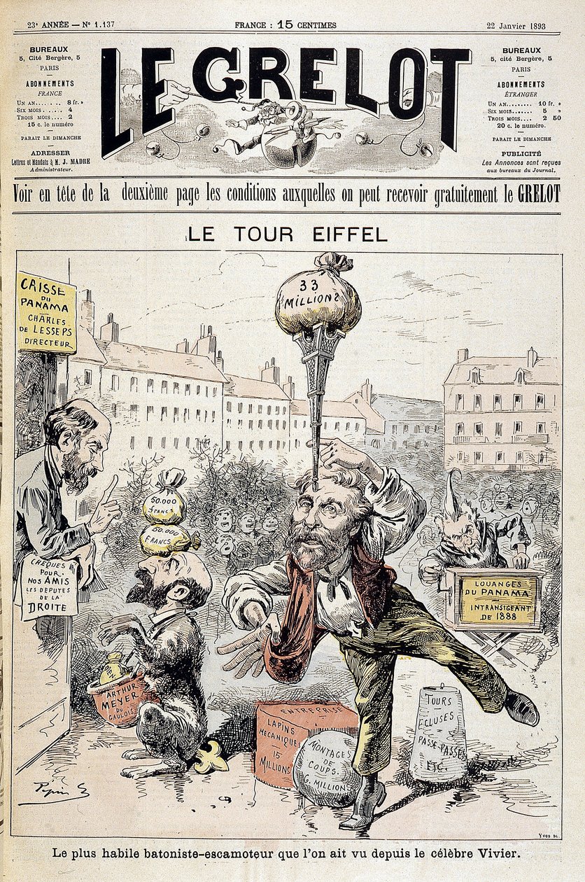 Cartoon on financial scandals “” The Eiffel Tower: the most skilful batonist - retractor seen since the famous Vivier””. Cover “” Le Grelot”” of January 22 作者 爱德华·纪尧明·佩平