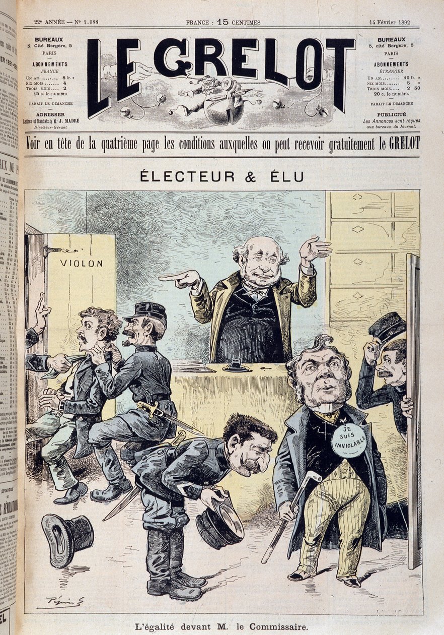 关于议会豁免权的卡通片 - 在 1892 年 2 月 14 日的“Le Grelot”中 作者 爱德华·纪尧明·佩平