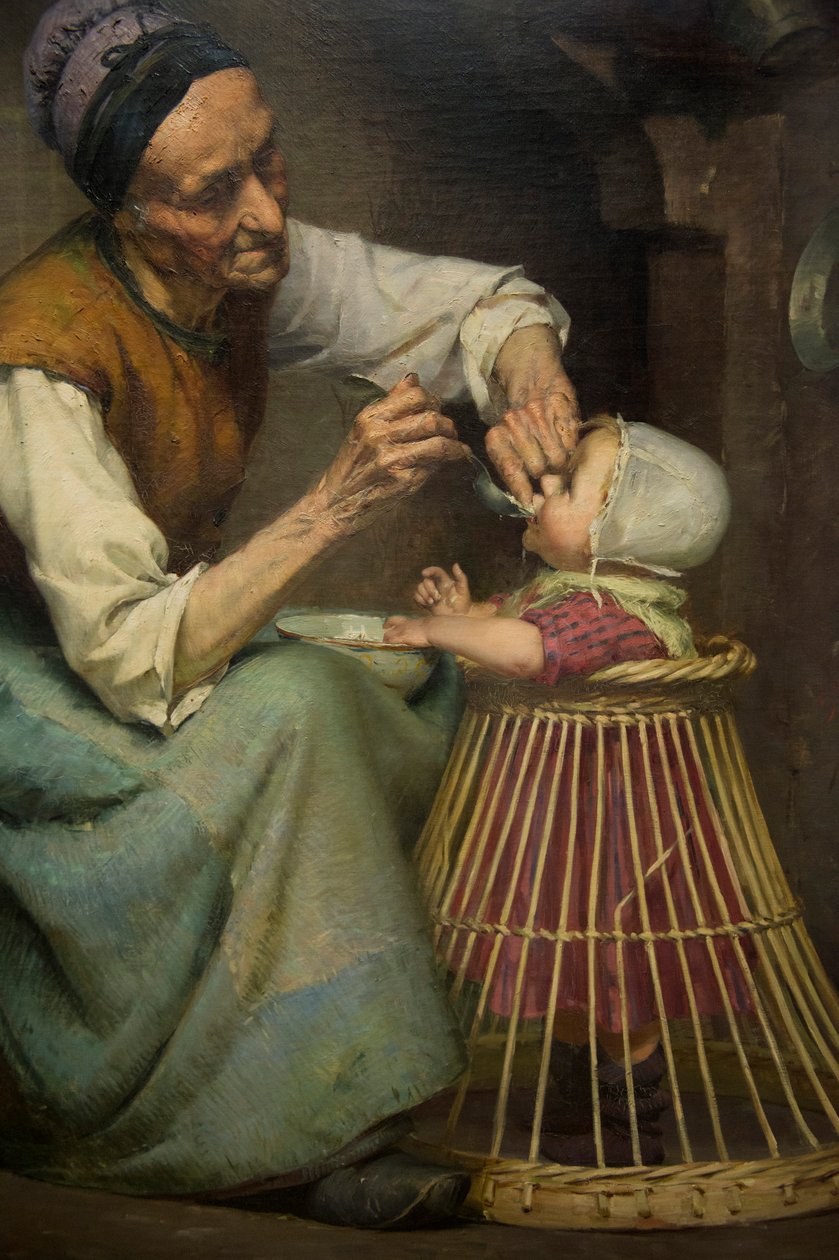 一位老妇人正在喂她放在柳条婴儿学步车里的孙女，作者：Edouard Jerome Paupion 作者 爱德华·杰罗姆·帕皮恩