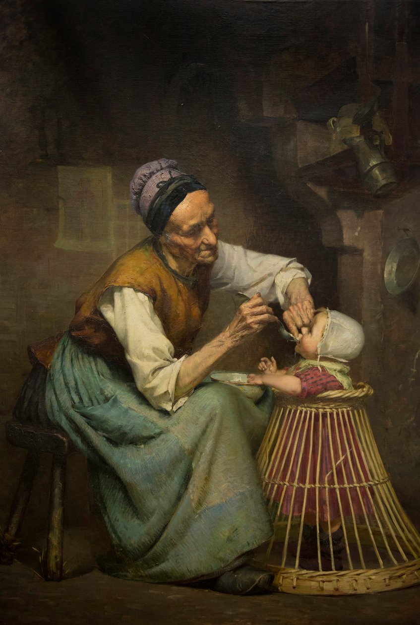 一位老妇人正在喂她放在柳条婴儿学步车里的孙女，作者：Edouard Jerome Paupion 作者 爱德华·杰罗姆·帕皮恩