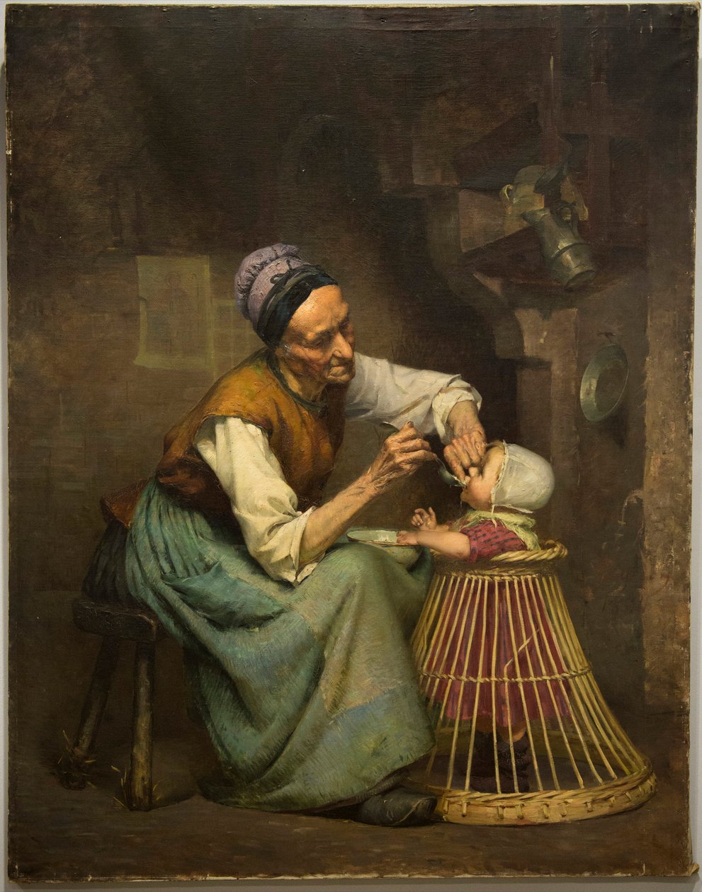 一位老妇人用柳条婴儿学步车喂养孙女，Edouard Jerome Paupion 摄 作者 爱德华·杰罗姆·帕皮恩