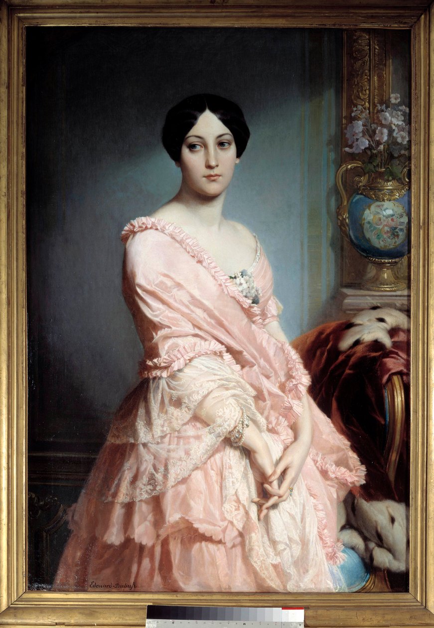 Edouard Dubufe (1820-1883) 的 F. 夫人肖像画。 19 世纪。 暗淡。 1,3x0,89 米。 巴黎，奥赛博物馆 作者 爱德华·路易斯·杜布菲