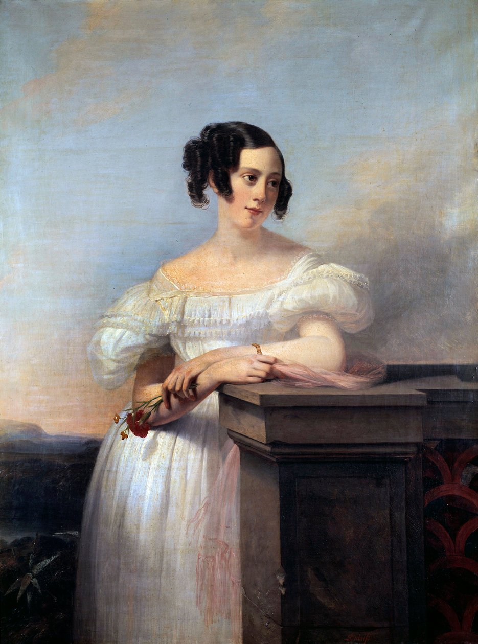 带着康乃馨的女孩肖像 爱德华-路易斯-杜布夫（1820-1883）的画作 19世纪 鲁昂，艺术博物馆 作者 爱德华·路易斯·杜布菲