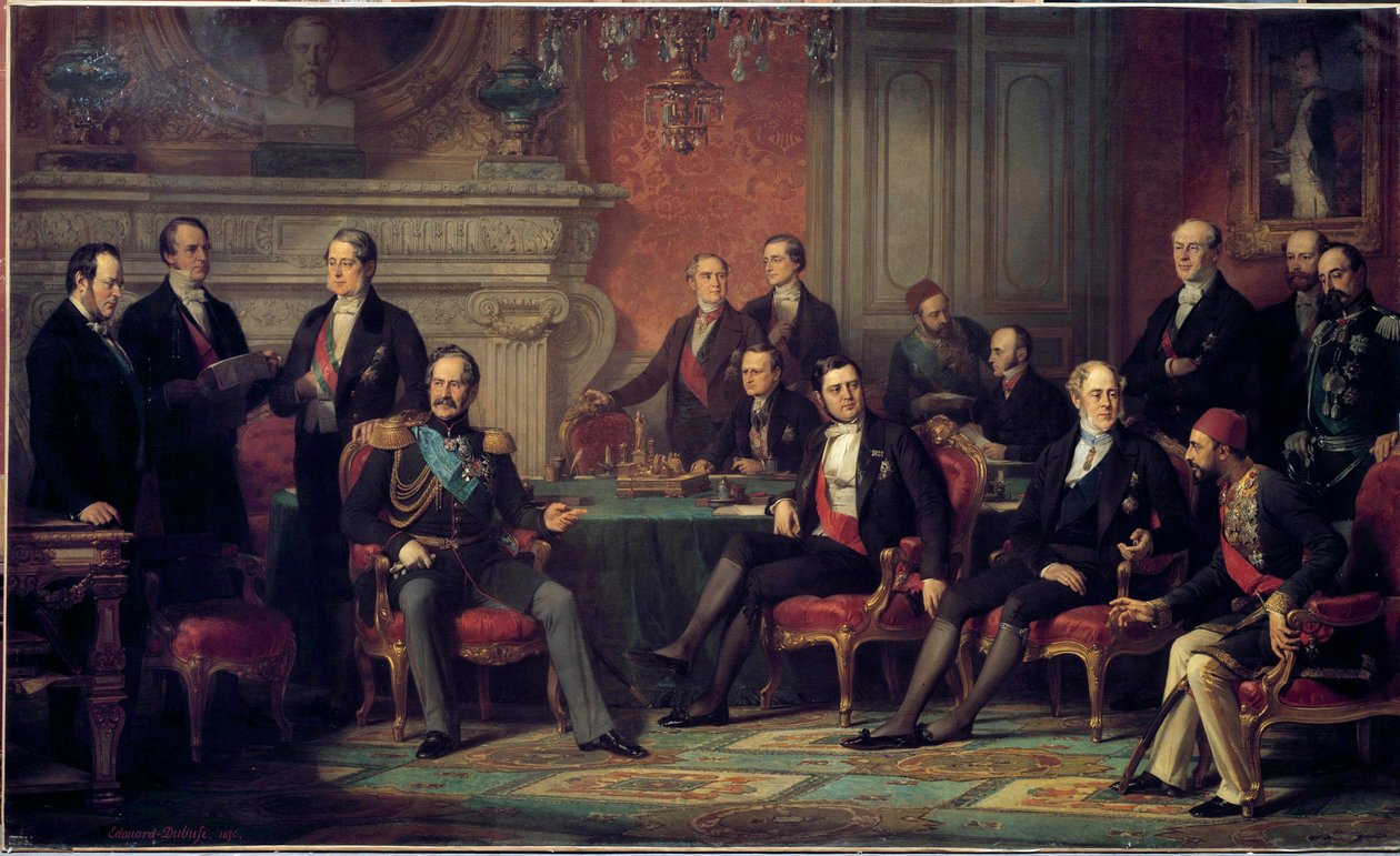 1856 年 2 月 25 日至 3 月 30 日，拿破仑三世在克里米战争结束时与欧洲各国外交部长举行了巴黎会议。 Edouard Louis Dubufe (1820-1883) 的绘画。 1856年太阳。 3,08 x 5,10 m 作者 爱德华·路易斯·杜布菲