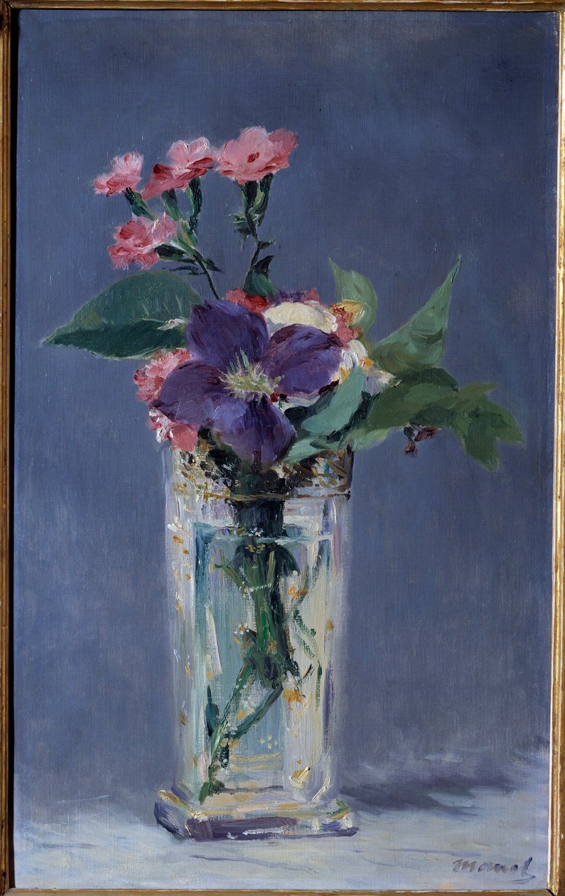 水晶花瓶中的康乃馨和铁线莲 爱德华·马奈 (Edouard Manet) (1832-1883) 的画作，1882 年昏暗。 0,56x0,35 m 巴黎，奥赛博物馆 作者 爱德华·马奈