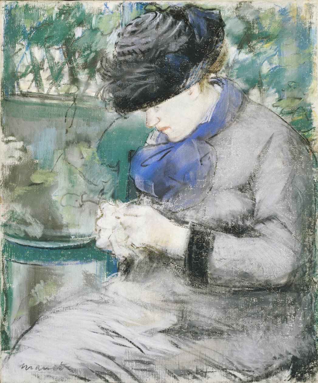 坐在花园或针织中的女孩，1879年 作者 爱德华·马奈